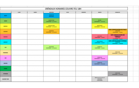 Couvre feu 18H - Nouveau planning des entraînements (mis à jour le 29/01)