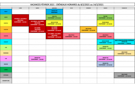 Horaires d'entraînement 1ère semaine de vacances 