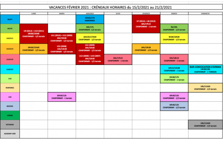 Horaires d'entraînement 2ème semaine de vacances 